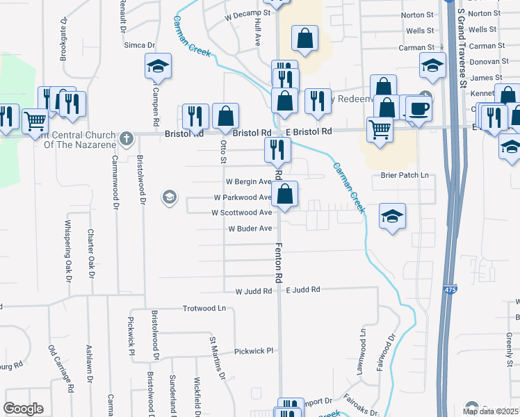 map of restaurants, bars, coffee shops, grocery stores, and more near 1030 West Scottwood Avenue in Flint