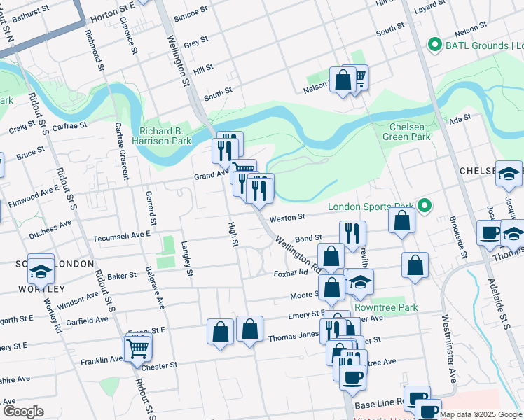 map of restaurants, bars, coffee shops, grocery stores, and more near 118 Wellington Road in London