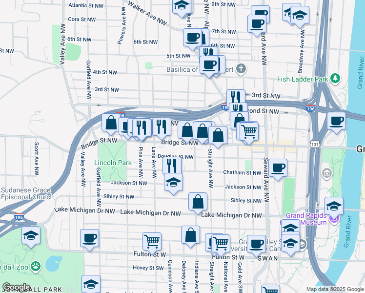 map of restaurants, bars, coffee shops, grocery stores, and more near 928 Bridge Street Northwest in Grand Rapids