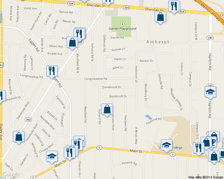 map of restaurants, bars, coffee shops, grocery stores, and more near 43 Danebrock Dr in Buffalo