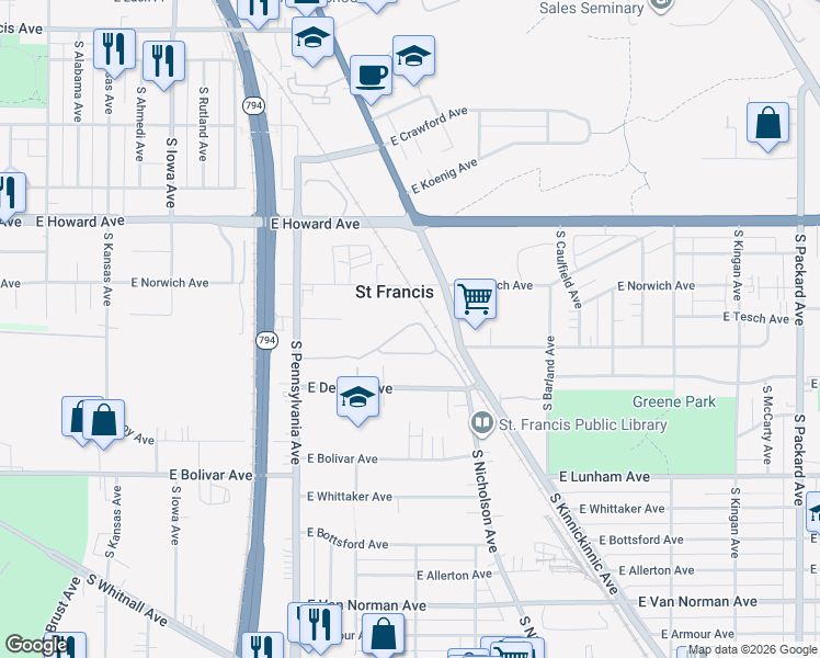 map of restaurants, bars, coffee shops, grocery stores, and more near 2668 Hidden Drive in Saint Francis