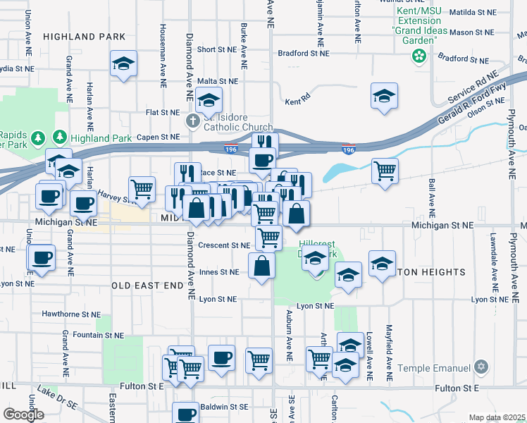 map of restaurants, bars, coffee shops, grocery stores, and more near 425 Fuller Avenue Northeast in Grand Rapids