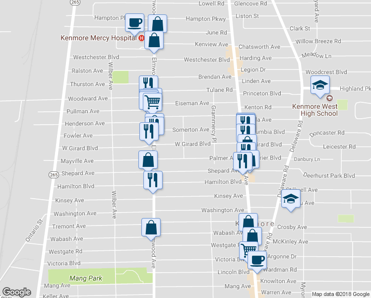 map of restaurants, bars, coffee shops, grocery stores, and more near 134 West Girard Boulevard in Buffalo
