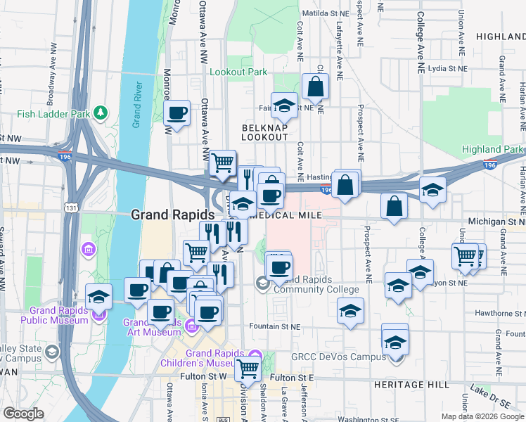 map of restaurants, bars, coffee shops, grocery stores, and more near 3 Michigan Street Northeast in Grand Rapids