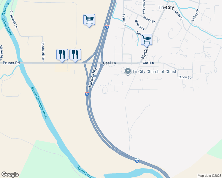 map of restaurants, bars, coffee shops, grocery stores, and more near 580 Matthews Drive in Myrtle Creek