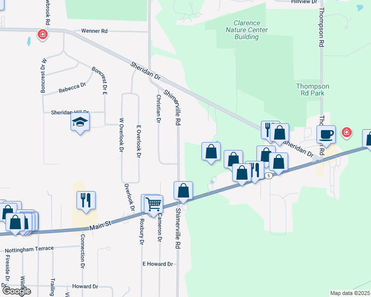 map of restaurants, bars, coffee shops, grocery stores, and more near 4545 Shimerville Road in Clarence