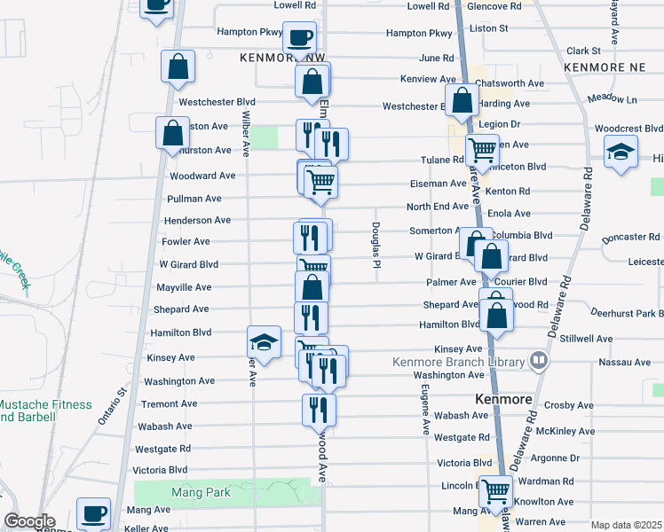 map of restaurants, bars, coffee shops, grocery stores, and more near in Erie County