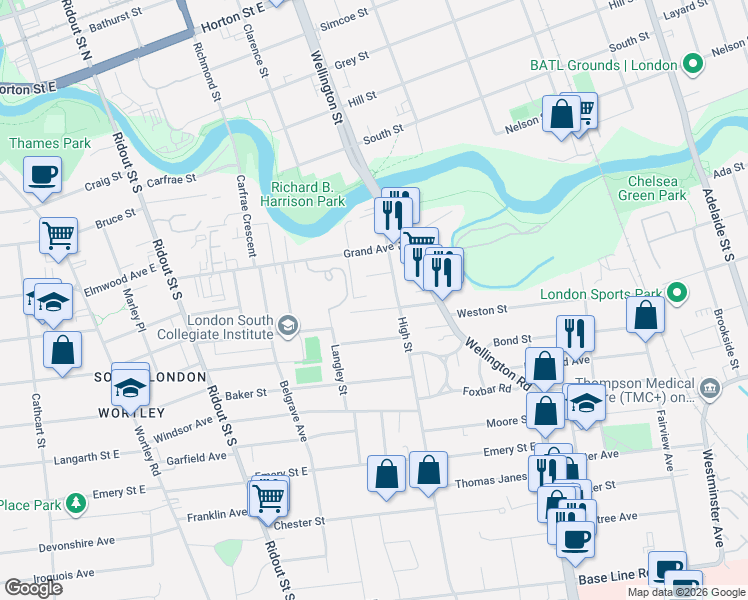 map of restaurants, bars, coffee shops, grocery stores, and more near in London