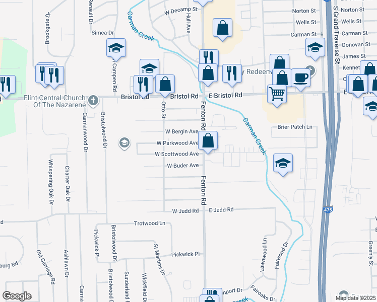 map of restaurants, bars, coffee shops, grocery stores, and more near 1030 West Scottwood Avenue in Flint