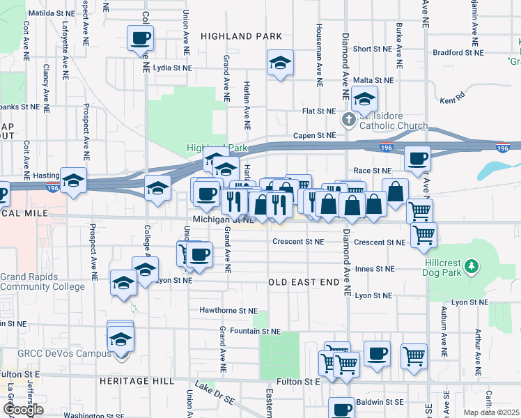 map of restaurants, bars, coffee shops, grocery stores, and more near 415 Eastern Avenue Northeast in Grand Rapids