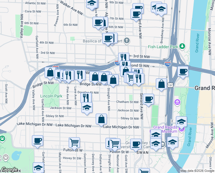 map of restaurants, bars, coffee shops, grocery stores, and more near 754 Bridge Street Northwest in Grand Rapids