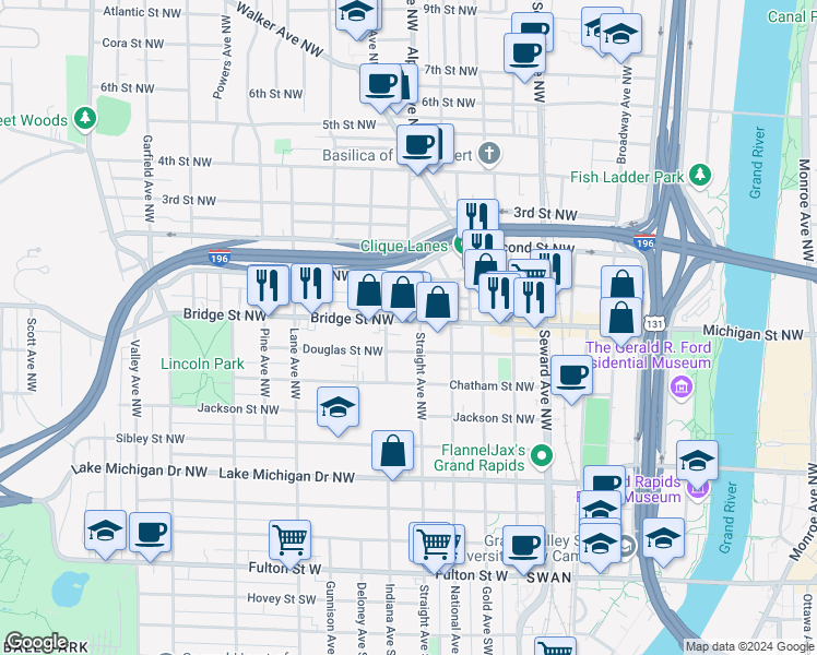 map of restaurants, bars, coffee shops, grocery stores, and more near 754 Bridge Street Northwest in Grand Rapids