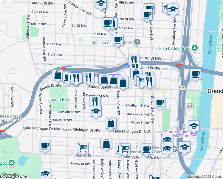 map of restaurants, bars, coffee shops, grocery stores, and more near 828 Indiana Avenue Northwest in Grand Rapids