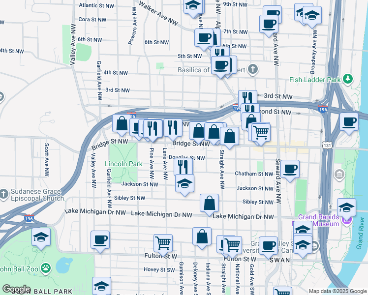 map of restaurants, bars, coffee shops, grocery stores, and more near 928 Bridge Street Northwest in Grand Rapids