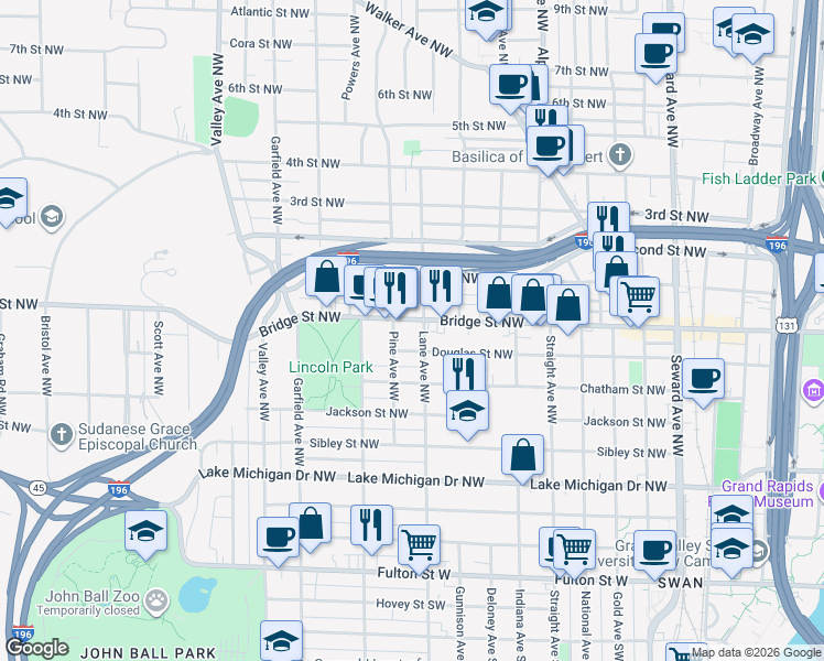 map of restaurants, bars, coffee shops, grocery stores, and more near 346 Pine Avenue Northwest in Grand Rapids