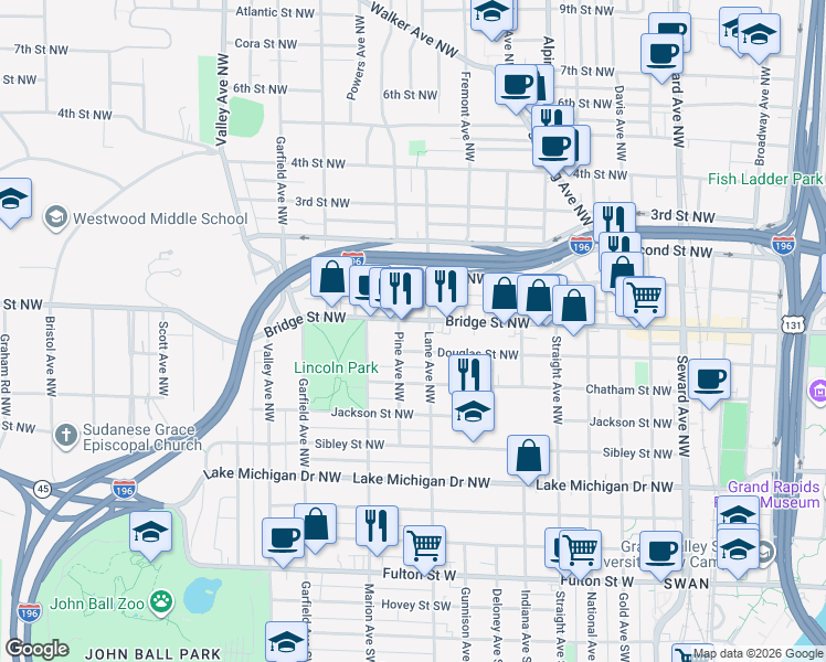 map of restaurants, bars, coffee shops, grocery stores, and more near 346 Pine Avenue Northwest in Grand Rapids
