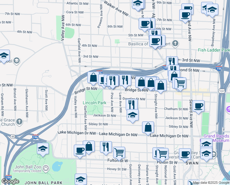 map of restaurants, bars, coffee shops, grocery stores, and more near 346 Pine Avenue Northwest in Grand Rapids