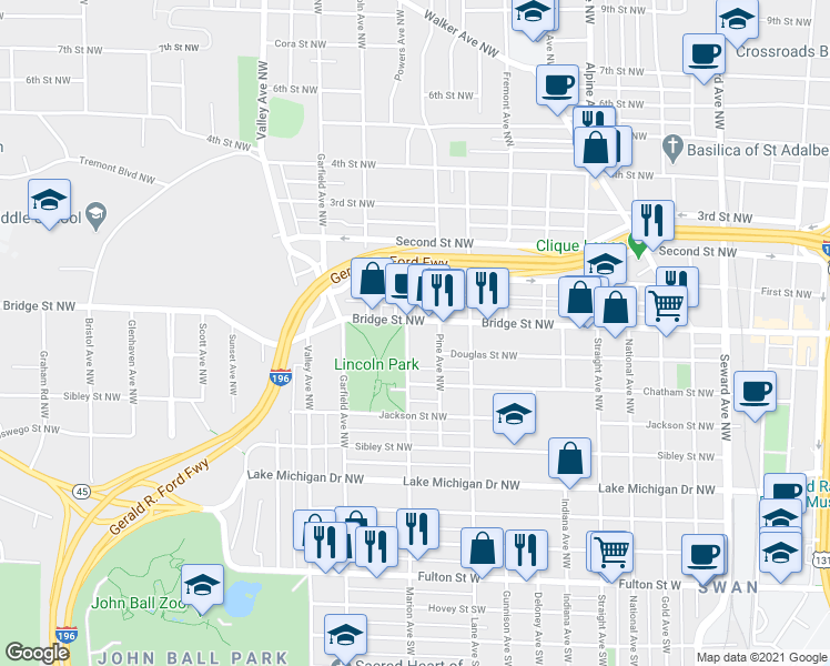 map of restaurants, bars, coffee shops, grocery stores, and more near 346 Marion Avenue Northwest in Grand Rapids