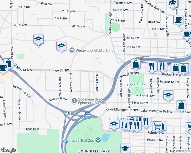 map of restaurants, bars, coffee shops, grocery stores, and more near 366 Scott Avenue Northwest in Grand Rapids