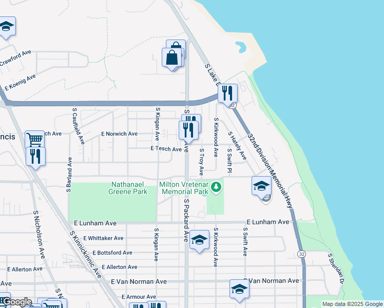 map of restaurants, bars, coffee shops, grocery stores, and more near 4070 South Packard Avenue in Saint Francis