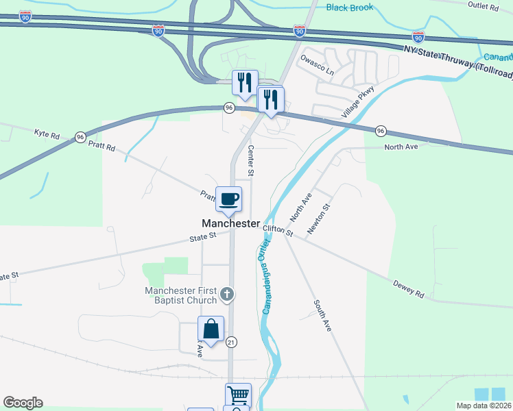 map of restaurants, bars, coffee shops, grocery stores, and more near 10 Center Street in Manchester