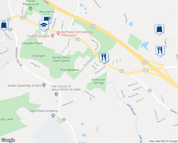 map of restaurants, bars, coffee shops, grocery stores, and more near 2 Wright Lane in Exeter