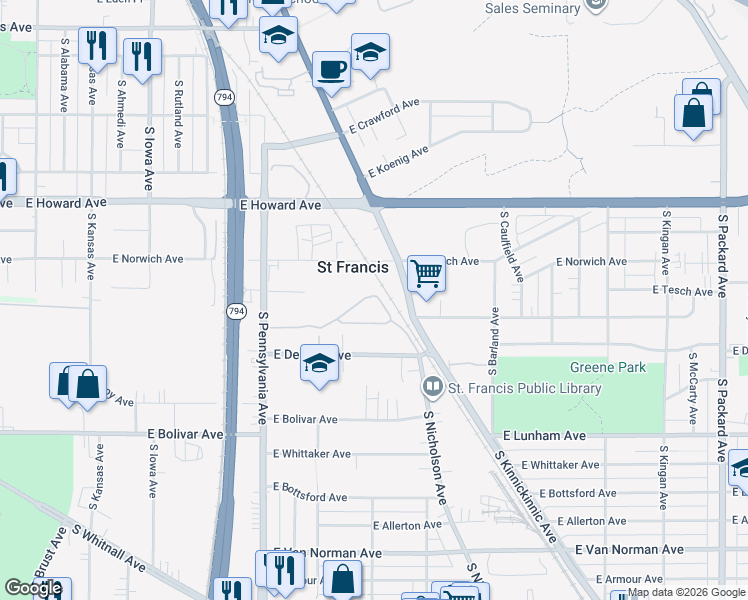map of restaurants, bars, coffee shops, grocery stores, and more near 4045 South Kinnickinnic Avenue in Saint Francis