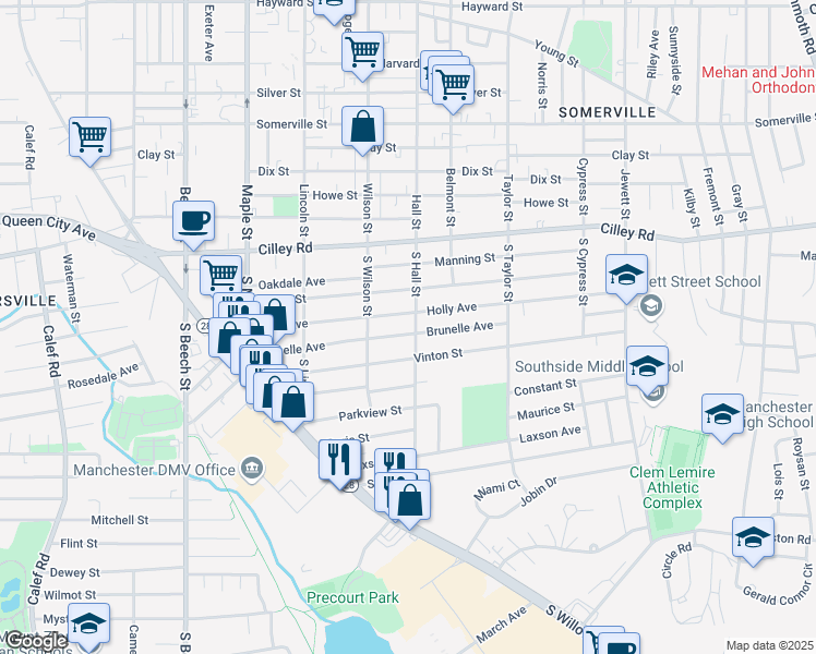 map of restaurants, bars, coffee shops, grocery stores, and more near 137 South Hall Street in Manchester