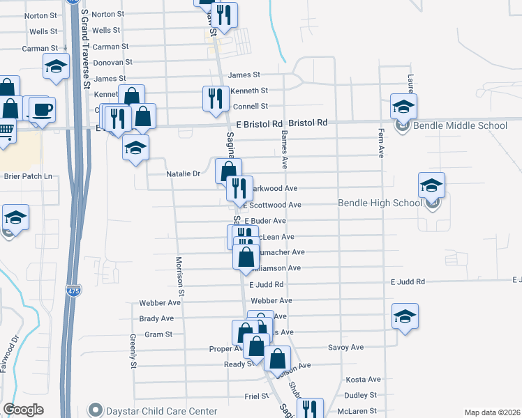 map of restaurants, bars, coffee shops, grocery stores, and more near 2050 East Scottwood Avenue in Burton