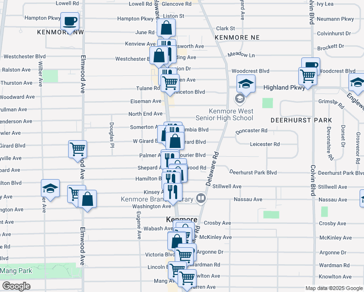 map of restaurants, bars, coffee shops, grocery stores, and more near 27 East Girard Boulevard in Buffalo