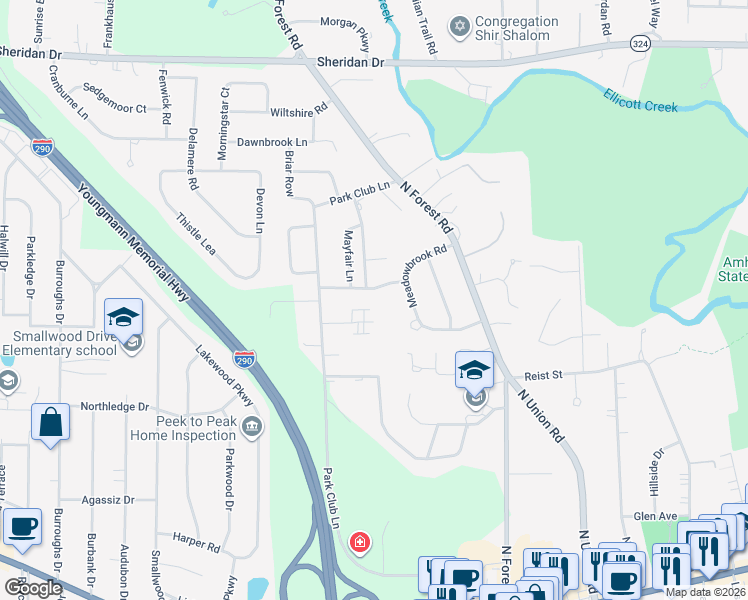 map of restaurants, bars, coffee shops, grocery stores, and more near 34 Woodlee Road in Buffalo