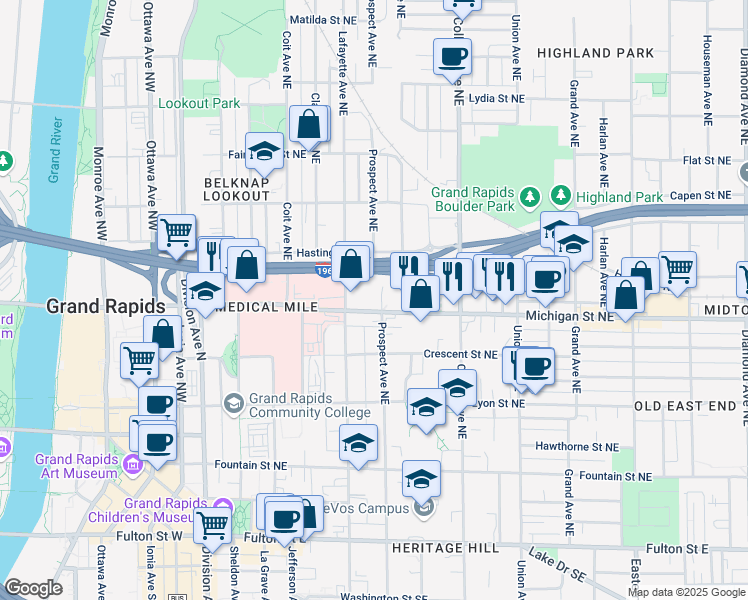 map of restaurants, bars, coffee shops, grocery stores, and more near 333 Michigan Street Northeast in Grand Rapids