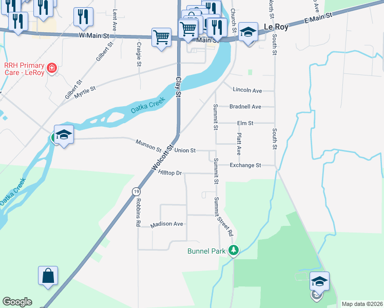 map of restaurants, bars, coffee shops, grocery stores, and more near 16 Union Street in Le Roy