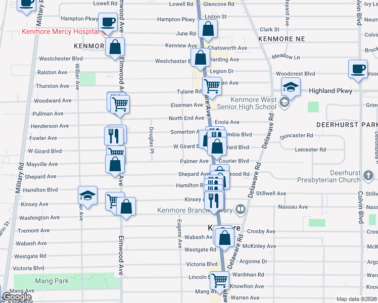 map of restaurants, bars, coffee shops, grocery stores, and more near 52 West Girard Boulevard in Buffalo