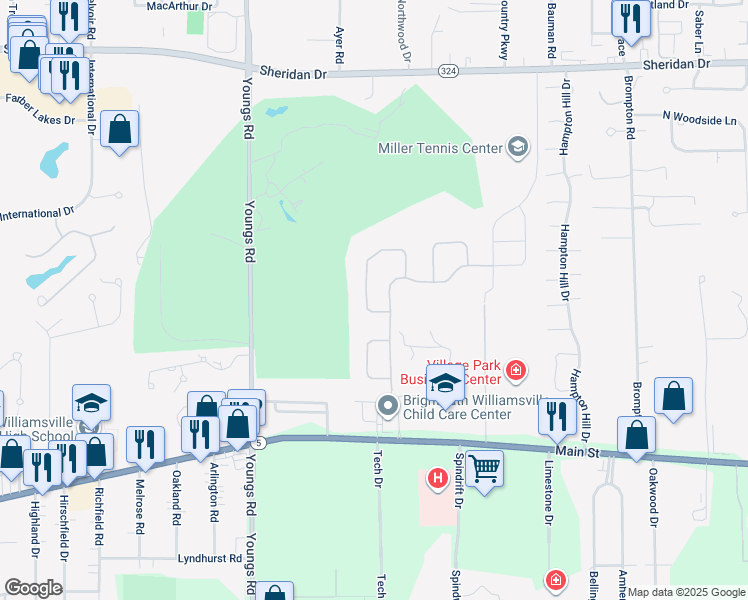 map of restaurants, bars, coffee shops, grocery stores, and more near 45 Harbridge Manor in Buffalo