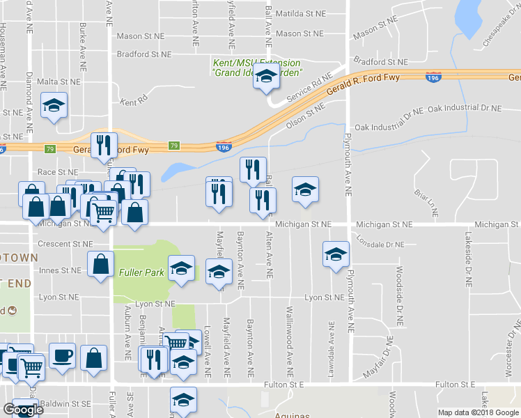 map of restaurants, bars, coffee shops, grocery stores, and more near 435 Ball Avenue Northeast in Grand Rapids