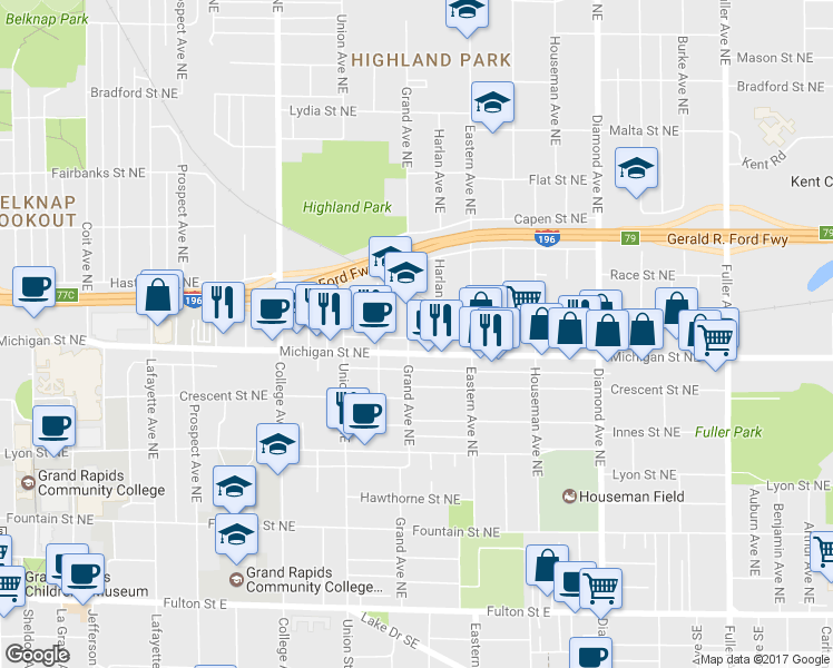 map of restaurants, bars, coffee shops, grocery stores, and more near 414 Grand Avenue Northeast in Grand Rapids