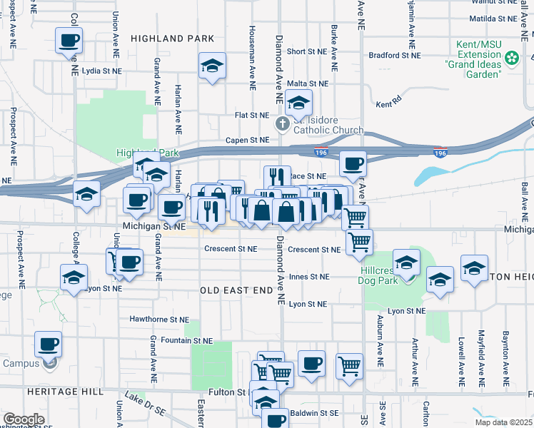 map of restaurants, bars, coffee shops, grocery stores, and more near 419 Diamond Avenue Northeast in Grand Rapids