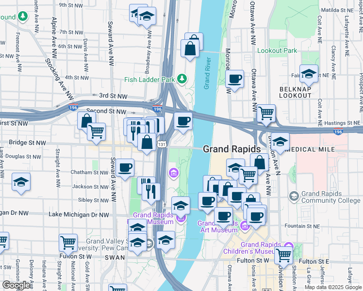map of restaurants, bars, coffee shops, grocery stores, and more near 377 Bridge Street Northwest in Grand Rapids