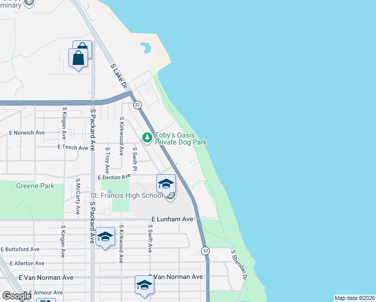 map of restaurants, bars, coffee shops, grocery stores, and more near 4100 South Lake Drive in Saint Francis