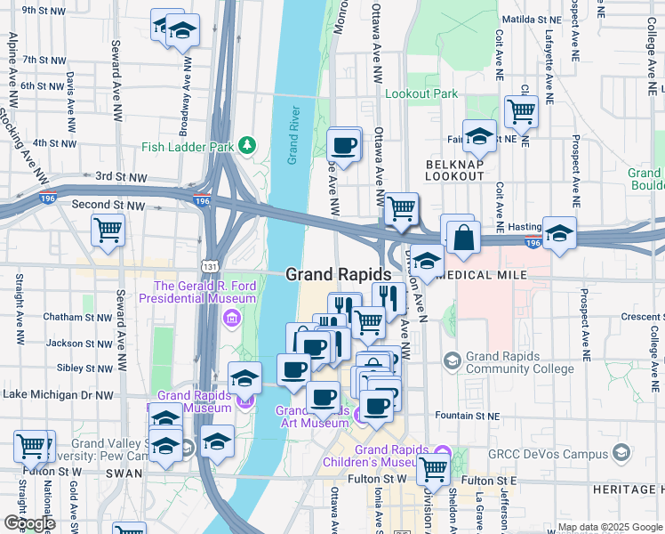 map of restaurants, bars, coffee shops, grocery stores, and more near in Grand Rapids