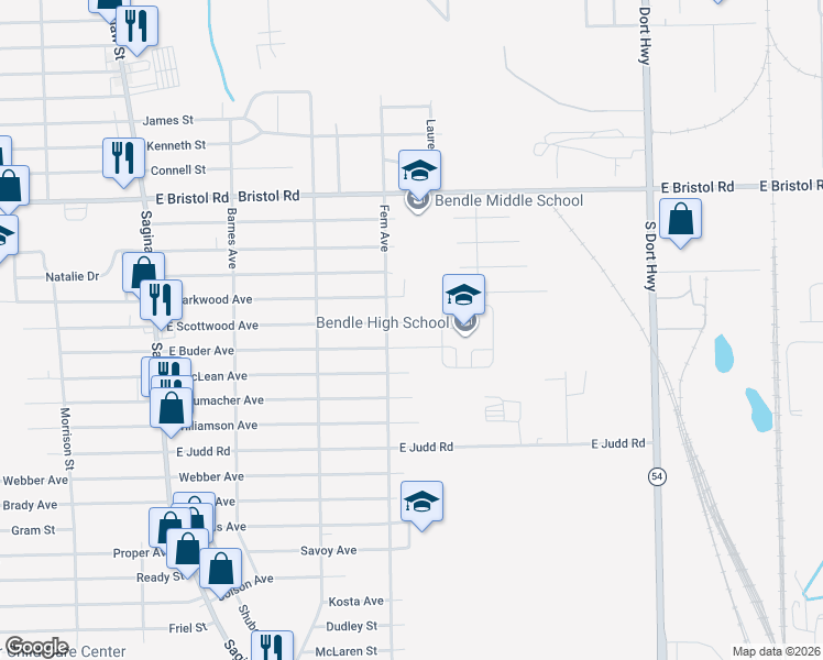map of restaurants, bars, coffee shops, grocery stores, and more near 2267 East Buder Avenue in Burton