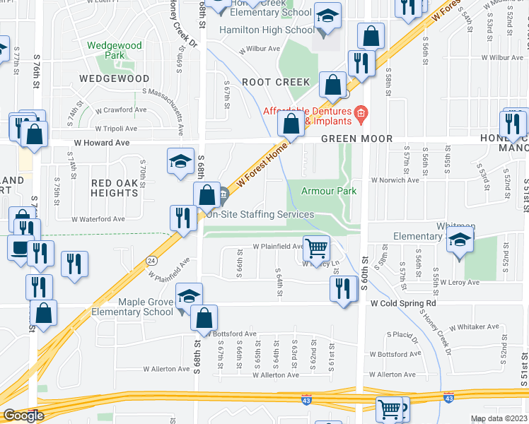 map of restaurants, bars, coffee shops, grocery stores, and more near 4071 South 65th Street in Greenfield