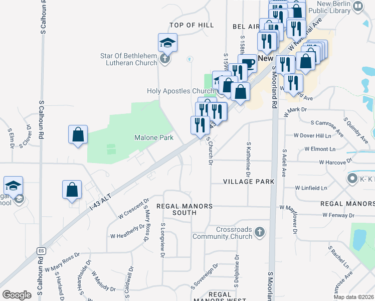 map of restaurants, bars, coffee shops, grocery stores, and more near 4134 South Regal Manor Court in New Berlin