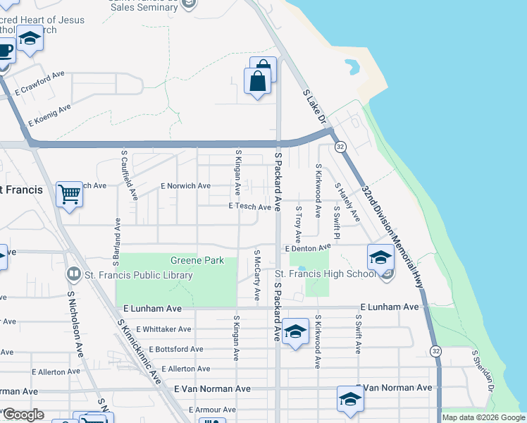 map of restaurants, bars, coffee shops, grocery stores, and more near 3559 East Waterford Avenue in Saint Francis