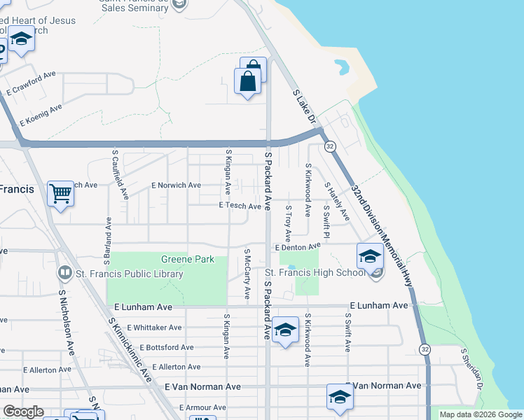 map of restaurants, bars, coffee shops, grocery stores, and more near 3559 East Waterford Avenue in Saint Francis