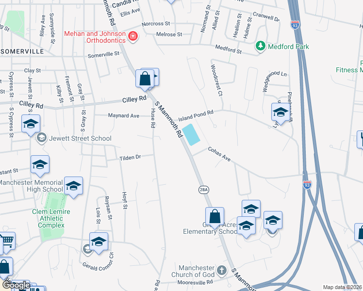map of restaurants, bars, coffee shops, grocery stores, and more near 117 South Mammoth Road in Manchester