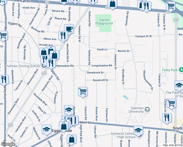map of restaurants, bars, coffee shops, grocery stores, and more near 43 Danebrock Drive in Buffalo