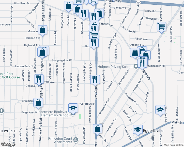 map of restaurants, bars, coffee shops, grocery stores, and more near 407 Callodine Avenue in Buffalo