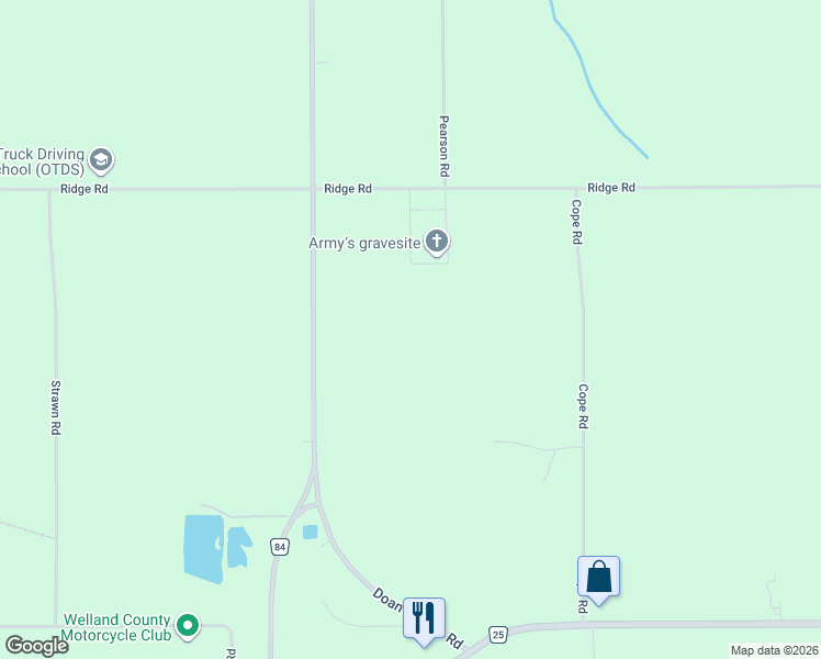 map of restaurants, bars, coffee shops, grocery stores, and more near 612 Doan's Ridge Road in Welland